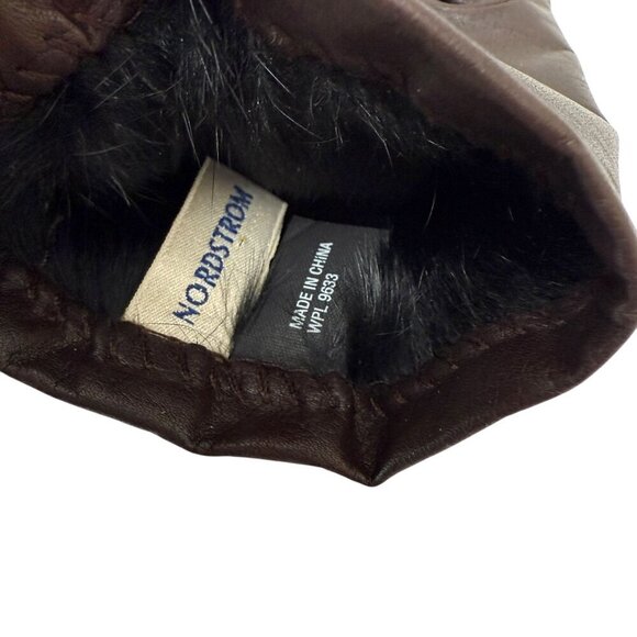 NORDSTROM Womens Leather Gloves Size Small Dark Brown Fur Lining - Picture 4 of 8